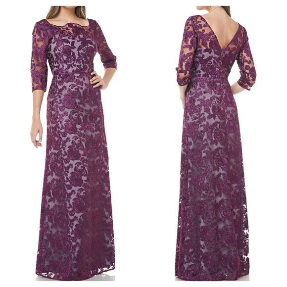 JS Collections Illusion Bateau Neck‎ Embroidered Gown - Picture 1 of 9